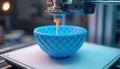 Modern 3D printer builds blue geometric textured bowl. Molten yellow material extrudes, forming precise layers. Advanced tech Royalty Free Stock Photo