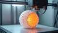 Modern 3D printer creates complex geometric sphere. Additive manufacturing builds intricate object with glowing orange core. Tech Royalty Free Stock Photo