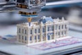 Modern 3d printer creating a miniature model of a building on top of a blueprint in a laboratory Royalty Free Stock Photo