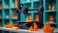 Modern 3D printer creating orange ship model. Tech device focused on manufacturing with precise plastic material. Future of Royalty Free Stock Photo