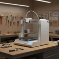 A modern 3D printer sits on a wooden workbench in a workshop. The printer is sleek, Royalty Free Stock Photo