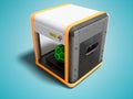 Modern 3d printer for work with geometric model green perspective view 3d render on blue background with shadow