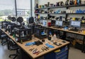 A modern 3D printing lab features multiple 3D printers on a large Royalty Free Stock Photo