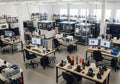 Modern 3D printing lab featuring multiple 3D printers and workstations. Each desk is equipped with Royalty Free Stock Photo