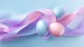 Modern 3D Render of Floating Pastel Easter Eggs and Flowing Ribbon on Blue Background Royalty Free Stock Photo