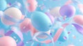 Modern 3D Render of Floating Pastel Easter Eggs and Flowing Ribbon on Blue Background Royalty Free Stock Photo