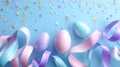 Modern 3D Render of Floating Pastel Easter Eggs and Flowing Ribbon on Blue Background Royalty Free Stock Photo