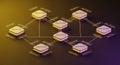 Modern 3D rendered network diagram with six interconnected nodes arranged in a hexagonal shape on gradient yellow and purple Royalty Free Stock Photo