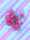 Modern 3d rendering digital illustration a group of pink balls on a striped multi colored distorted surface