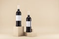 Modern 3d rendering image of glossy wine bottle on pedestal. Mock up