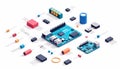 A modern 3D rendering showcases various electronic components on a white surface Royalty Free Stock Photo