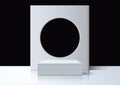 modern 3d white rectangular frame with a circular cutout, resting on a white podium against a black backdrop, perfect for product