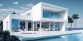 Modern 3D white villa on ocean bank. House exterior design architecture travel estate. Hotel construction apartment