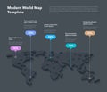 Modern 3d world map infographic template with colorful pointer marks - dark version