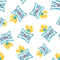 Modern daffodil flowers in aztec style pots. Seamless vector pattern background. Hand drawn yellow florals and blue Royalty Free Stock Photo