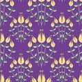 Modern damask style design of stylised yellow flowers on a purple background. Elegant seamless half drop vector pattern Royalty Free Stock Photo