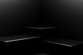 Modern dark background and empty black three step square stage. Future modern interior concept. showcase for product