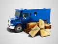 Modern dark blue armored truck for carrying money in bags 3d render on gray background with shadow