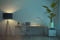 Modern dark blue designer office workplace with various items, laptop, decorative plant and lamp. Workspace and home concept. 3D Royalty Free Stock Photo