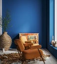 Modern dark blue home interior with yellow armchairs