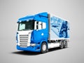 Modern dark blue truck with trailer with white insets for carrying larger load in a trailer 3D render on gray background with