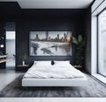 Modern Dark Clean Fresh Art Bedroom Interior Small Space, Natural Color Big Window Green Plant Generative Ai