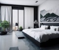 Modern Dark Clean Fresh Art Bedroom Interior Small Space, Natural Color Big Window Green Plant Generative Ai