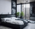 Modern Dark Clean Fresh Art Bedroom Interior Small Space, Natural Color Big Window Green Plant Generative Ai