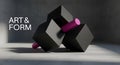 Modern dark cubes intersect bright magenta rod Royalty Free Stock Photo