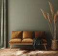 Modern dark green home interior with brown couch and pampas in wicker basket