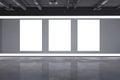 Modern grunge concrete exhibition hall interior with empty white mock up banners on wall. 3D Rendering Royalty Free Stock Photo