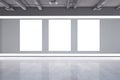 Modern grunge concrete exhibition hall interior with empty white mock up frames on wall. 3D Rendering Royalty Free Stock Photo