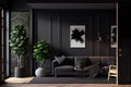 Modern dark home interior background, with sofa, fur, table, painting, large window and tree in a vase. Generative AI.