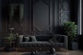 Modern dark home interior background wall mock-up. With sofa, lots of greenery. Generative AI. Royalty Free Stock Photo