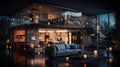 Modern dark house interior featuring digital smart home technology during evening hours Royalty Free Stock Photo
