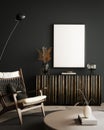Modern dark interior with wooden armchair and empty white mockup picture frame