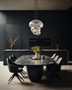 Modern Dark kitchen interior with dining table setting