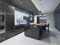 Modern dark kitchen interior with furniture and equipment