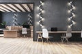 Modern loft coworking office interior with lamps. Workplace concept. 3D Rendering Royalty Free Stock Photo