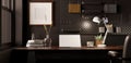 Modern dark loft workspace with digital tablet mockup and accessories on a wooden table