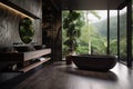 Modern dark luxury bathroom, marble walls, bathtub, gray floor, indoor plants, panorama, Generative AI Royalty Free Stock Photo