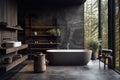 Modern dark luxury bathroom, marble walls, bathtub, gray floor, indoor plants, panorama, Generative AI Royalty Free Stock Photo