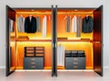 Modern dark orange wooden and metal wardrobe with men clothes hanging on rail in walk in closet design interior