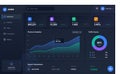 A modern dark-themed admin dashboard interface featuring data visualization charts, revenue analytics, user statistics Royalty Free Stock Photo