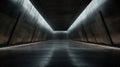 Modern dark warehouse background, futuristic concrete room with led light. Empty garage hall with gray walls, perspective view.