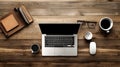 Modern dark wood office desk table with laptop, smartphone and other supplies with cup of coffee. coppy space for input the text Royalty Free Stock Photo