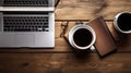 Modern dark wood office desk table with laptop, smartphone and other supplies with cup of coffee. coppy space for input the text Royalty Free Stock Photo