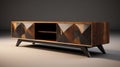 Modern Dark Wood Tv Console With Geometric Shapes And Vray Style
