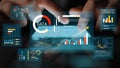 Modern Data Analysis Interface with Graphs and Charts, Hands Interacting with Digital Touchscreen on Background of Royalty Free Stock Photo