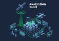 Modern data analysis system with satellite, drones, and servers in futuristic network Royalty Free Stock Photo
